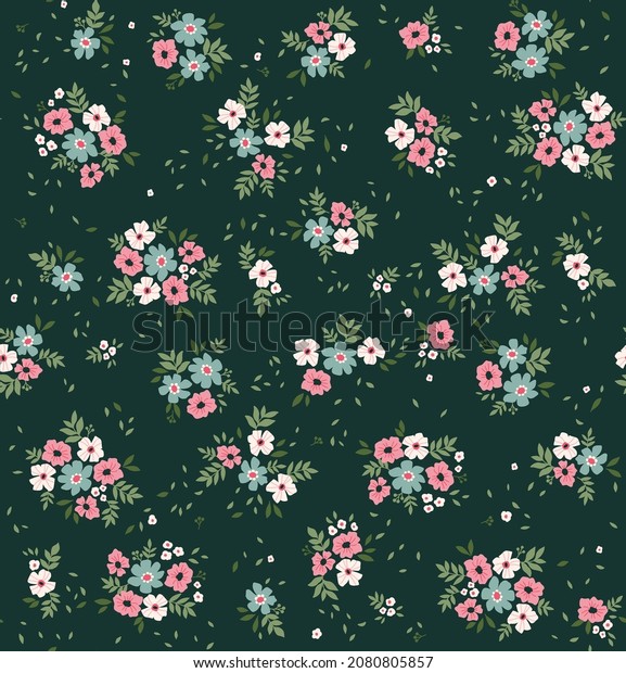 Cute seamless vector floral pattern. Endless print made of small pastel flowers. Seamless vector texture. Elegant template for fashion prints. Dark green background. Stock vector illustration.