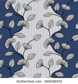 cute seamless vector flowers leaves pattern on retro stripe grey and navy background