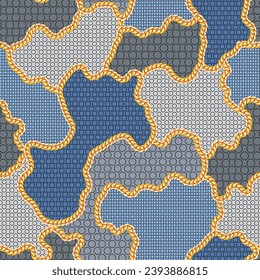 cute seamless vector gold chain with retro pattern on blue and grey cameo background