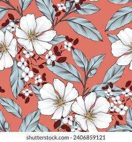 cute seamless vector grey stock flowers with leaf pattern on orange background