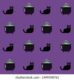 cute seamless vector halloween pattern black cat and cauldron