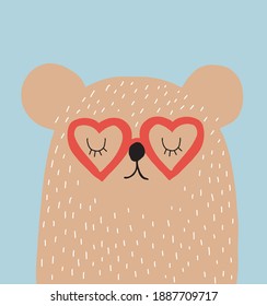Cute Seamless Vector Illustartion with Hand Drawn Funny Bear. Simple Nursery Print with Sweet Little Bear in a Red Heart Shaped Glasses Isolated on a Beige Background. Infantile Style Print for Kids.