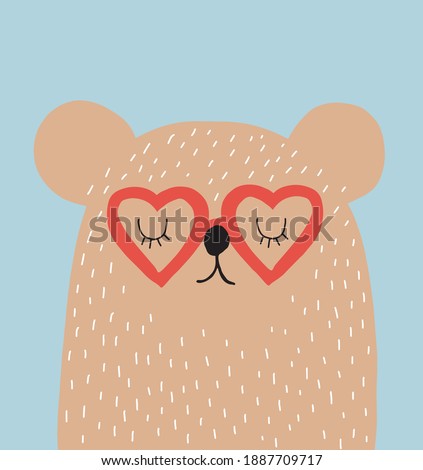 Cute Seamless Vector Illustartion with Hand Drawn Funny Bear. Simple Nursery Print with Sweet Little Bear in a Red Heart Shaped Glasses Isolated on a Beige Background. Infantile Style Print for Kids.