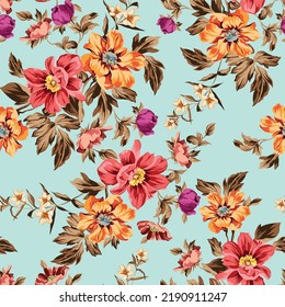 cute seamless vector multi color flowers with brown leaves pattern on background