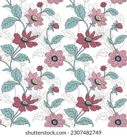 flores multicolor sin costura vectorial lindo con patrón de hoja blanco