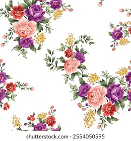 cute seamless vector multi color stock flowers leaves bunches pattern of white