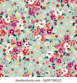 cute seamless vector multi color small leaves bunches pattern on green background