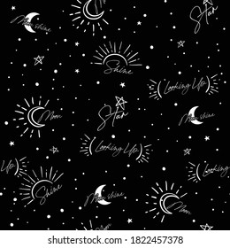 Cute seamless vector of the night sky with stars and galaxies mix with cute wording typography ,Design for fashion , fabric, textile, wallpaper, cover, web , wrapping and all prints on black