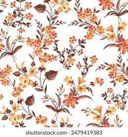 Vector sin costuras lindo de flores de stock de naranja con patrón de hojas marrones de blanco