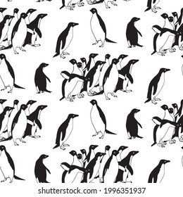 Cute seamless vector pattern with adorable hand drawn penguins