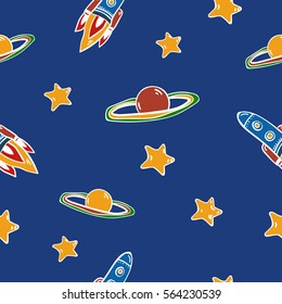 Cute seamless vector pattern with astronauts, comets, stars, planets and rockets. Kids colorful wallpapers, hand drawn funny background.