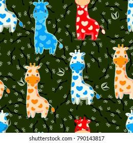 cute seamless vector pattern with baby giraffes characters on seamless leaves and branches background; colorful design fo textile, cards, web; african wild animals on green background.