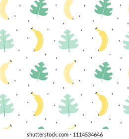 cute seamless vector pattern background illustration with exotic leaves and bananas