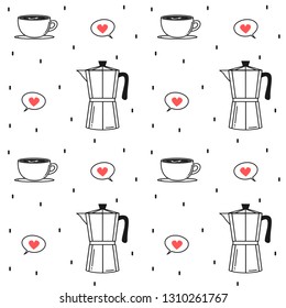 cute seamless vector pattern background illustration with italian moka coffee espresso and cups