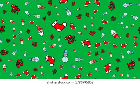 Cute seamless vector pattern background illustration with santa claus, christmas tree, candy cane, gift box, sock, lollipop, holly.