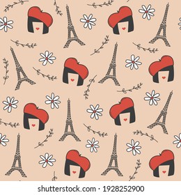 cute seamless vector pattern background illustration with eiffel tower, daisy flowers, branch and stylized female character