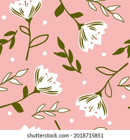 cute seamless vector pattern background illustration with white abstract flowers, white dots and green leaves	