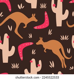 Ilustración de fondo de un patrón vectorial transparente con boomerang, cacti y kangaroo