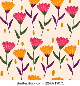Cute seamless vector pattern background illustration with bold colorful flowers