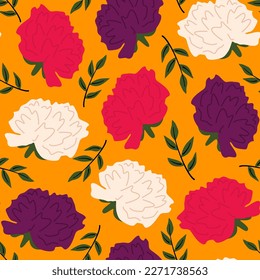 Cute seamless vector pattern background illustration with bold abstract colorful flowers and green leaves