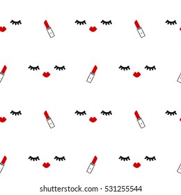 cute seamless vector pattern background illustration with eyelashes, red lips and lipstick