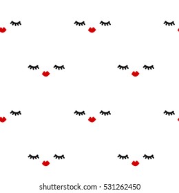 cute seamless vector pattern background illustration with eyelashes and red lips