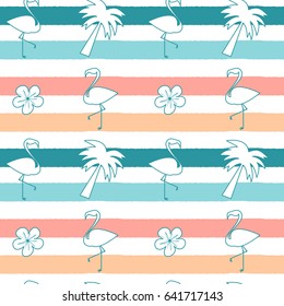cute seamless vector pattern background illustration with flamingos, hibiscus flowers and palm tree on colorful stripes