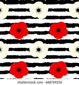 cute seamless vector pattern background illustration with flowers on black and white grunge stripes