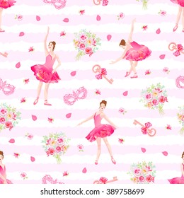 Cute seamless vector pattern with ballerinas, keys, bows, masks, flowers. Beautiful small bouquets, petals and pink striped backdrop.