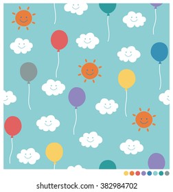 Cute seamless vector pattern with balloons, clouds and sun.