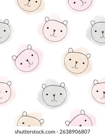 Cute Seamless Vector Pattern With Bears. Funny Hand Drawn Bear Toy Heads and Pink, Coral And Gray Watercolor Stains on a White Background. Lovely Wallpaper For Baby Girl. Print With Teddy Bears. RGB.