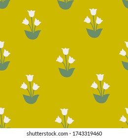 Cute  seamless vector pattern with bells flowers  on the yellow background. Flower's pattern In Scandinavian style. For textiles, wallpapers, designer paper, etc