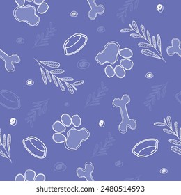 Cute seamless vector pattern with bones, paws, bowl on lilac, purple background