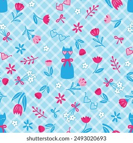 Cute seamless vector pattern with bows, ribbons, cats, flowers. Blue, purple and pink colors. 