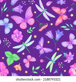 Cute seamless vector pattern with butterflies, dragonflies and flowers on dark purple background.