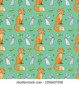 Cute seamless vector pattern with cartoon foxes and rabbits.