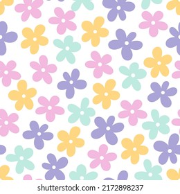 Cute seamless vector pattern with cartoon flowers. Primitive style. For fabric design, wallpapers, backgrounds, wrapping paper. Vector