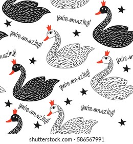 Cute seamless vector pattern with cartoon swans and the words "You're amazing!"