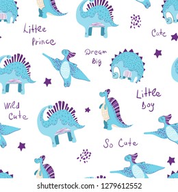 Cute seamless vector pattern with cartoons blue dino and lettering, for boys, on a white background. Children's clothing, nursery poster, textiles, fabric.