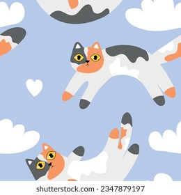 Cute seamless vector pattern with cats and clouds