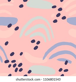 Cute seamless vector pattern with chaotic paint elements. Fun texture with different dots, lines and shapes. Abstract and simple abstract background.
