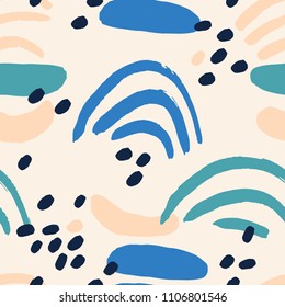 Cute Seamless Vector Pattern With Chaotic Paint Elements. Fun Texture With Different Dots, Lines And Shapes. Abstract And Simple Abstract Background.