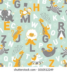 Cute seamless vector pattern with childish illustrations of circus animals and alphabet letters on green mint background