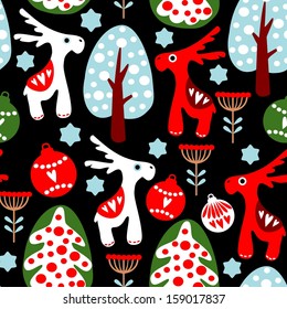 Cute seamless vector pattern with christmas balls, reindeer and tree