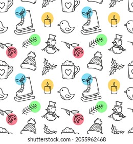 Cute seamless vector pattern with Christmas elements on a white background. Funny print for textiles and wrapping paper