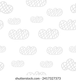 Cute seamless vector pattern with cloud. Clouds in hand drawn style. Baby pattern for fabric, newborn clothes, wallpaper, packaging. White background.