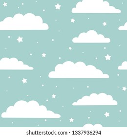 Cute seamless vector pattern. Clouds and stars on blue background