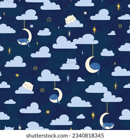 Cute seamless vector pattern, clouds, moons and sleepy cats in a dark night sky, textile, wallpaper