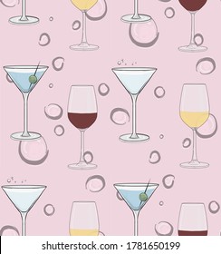 Cute seamless vector pattern. Cocktail and wine glasses on a pink background with bubbles floating up behind.