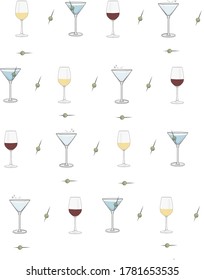 Cute seamless vector pattern. Cocktail and wine glasses on a transparent white background with olives between.